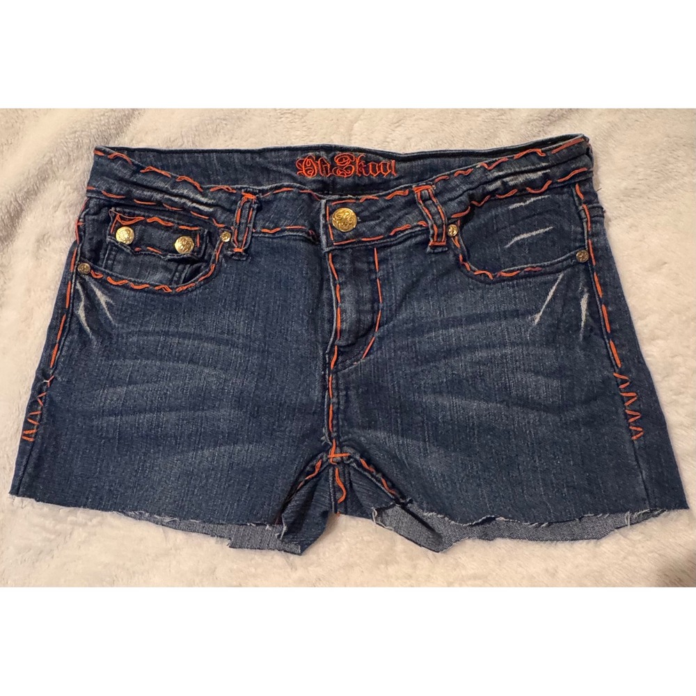 Old Skool Orange Stitch Cross Custom Denim Shorts Low Rise Y2K Grunge
